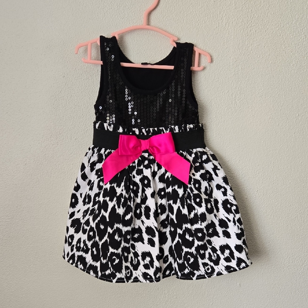 Black Sequin Leopard Print Dress with Pink Bow